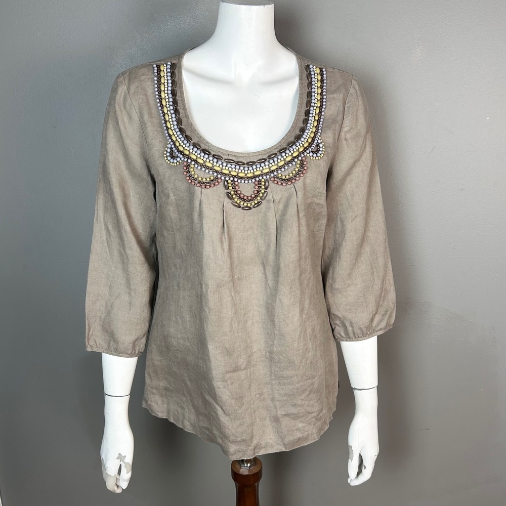Boden Top Womens size 8 Linen Beaded Taupe Brown Boho Minimalist Office Earthy